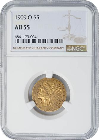 1909-O $5 AU55 NGC