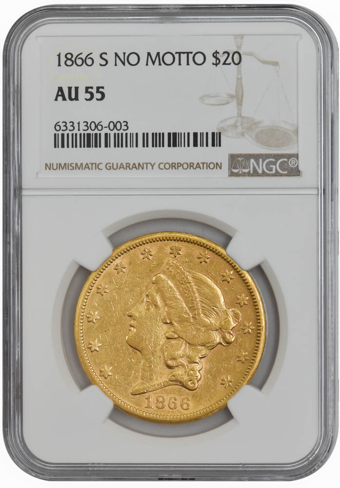 1866-S $20 No Motto AU55 NGC