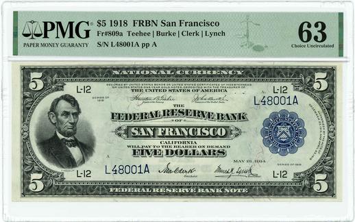1918 FR.809a $5 Federal Reserve Bank Note - San Francisco