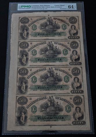 1860s $50 Louisiana, New Orleans "Uncut Sheet" - Remainder