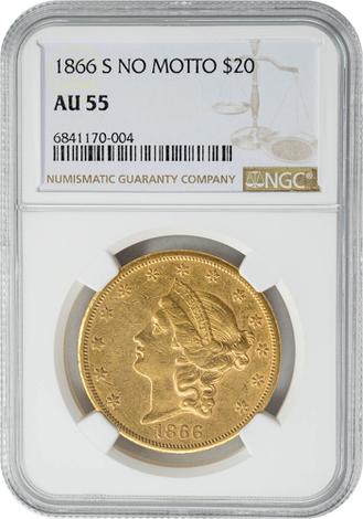 1866-S $20 No Motto AU55 NGC