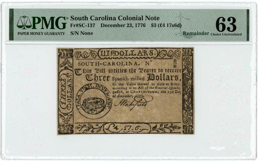 South Carolina Colonial $3 Note - Remainder