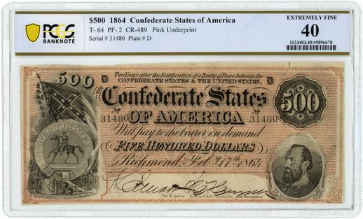 1864 T-64 PF-2 CR-489 $500 Confederate States of America Note