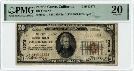 Pacific Grove, California $20 1929 FR. 1802-1