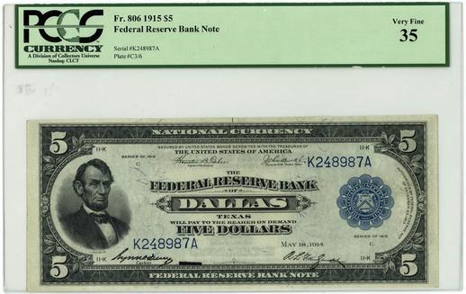 1915 FR. 806 $5 Federal Reserve Bank Note - Dallas
