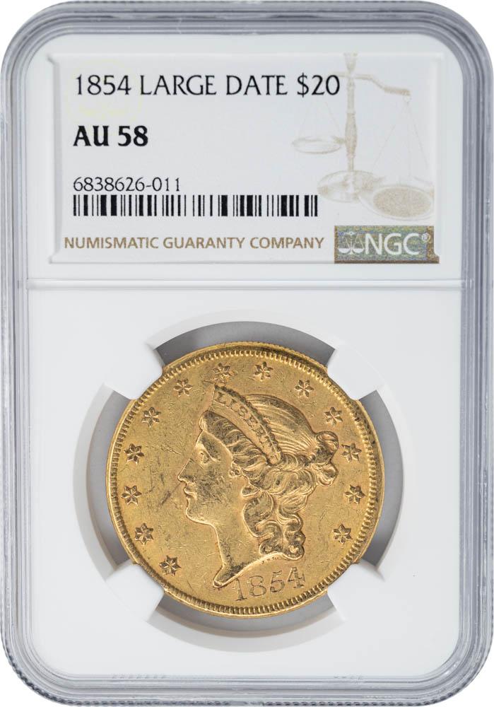 1854 $20 Large Date AU58 NGC