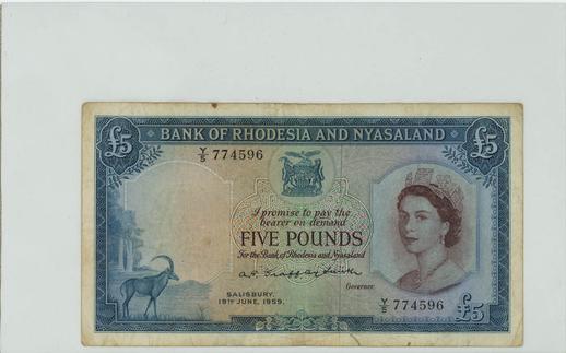 Bank of Rhodesia and Nyasaland 5 Pounds