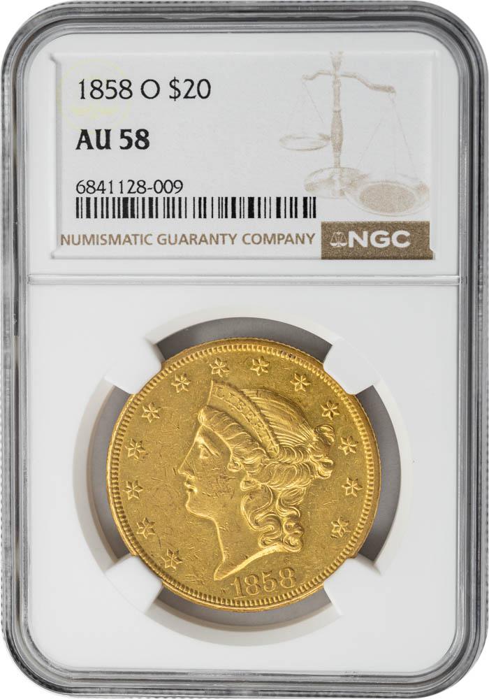 1858-O $20 AU58 NGC