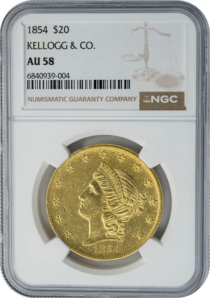 1854 $20 Kellogg & Co. AU58 NGC