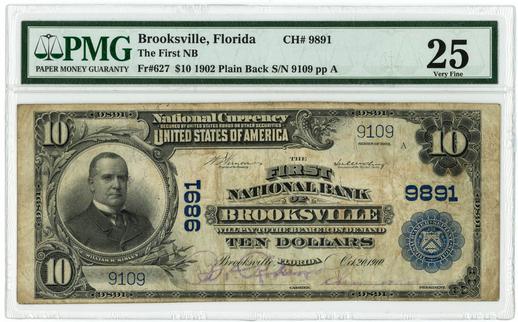 Brooksville, Florida $10 1902 FR.627 - Plain Back