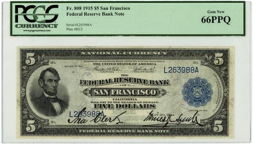 1915 FR. 808 $5 Federal Reserve Bank Note San Francisco