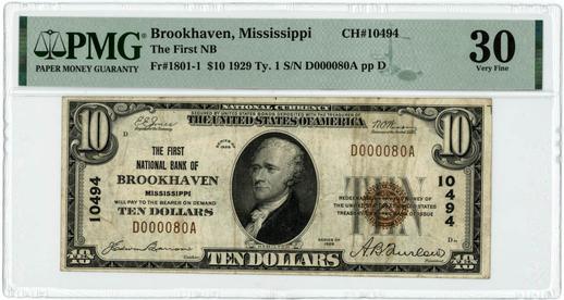Brookhaven, Mississippi $10 1929 FR. 1801-1