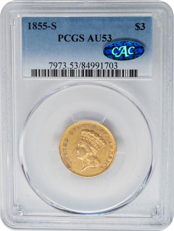 1855-S $3 AU53 PCGS