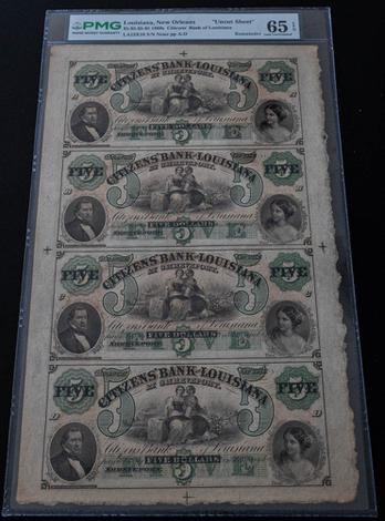 1860s $5 Louisiana, New Orleans "Uncut Sheet" - Remainder
