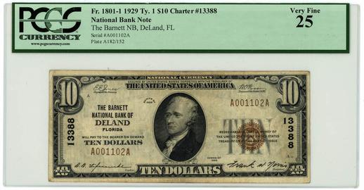 DeLand, Florida $10 1929 FR.1801-1 Ty. 1