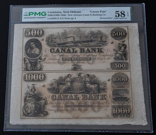 1850s $500-$1000 Louisiana, New Orleans "Uncut Pair" - Remainder