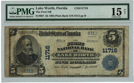 Lake Worth, Florida $5 1902 FR.607 - Plain Back