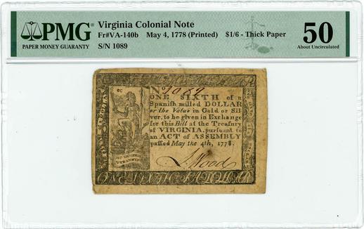 Virginia Colonial Note $1/6 - Thick Paper