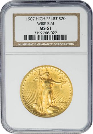 1907 $20 High Relief, Wire Edge MS61 NGC