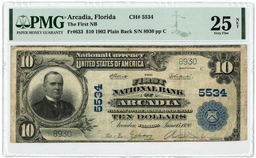 Arcadia, Florida $10 1902 FR.633 - Plain Back
