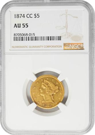 1874-CC $5 AU55 NGC