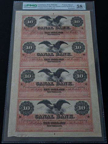 1860s $10 Louisiana, New Orleans "Uncut Sheet" - Remainder