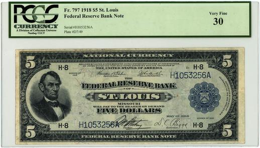 1918 FR. 797 $5 Federal Reserve Bank Note - St. Louis