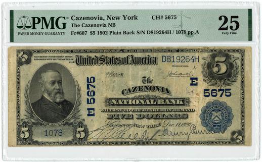 Cazenovia, New York $5 1902 FR.607 - Plain Back