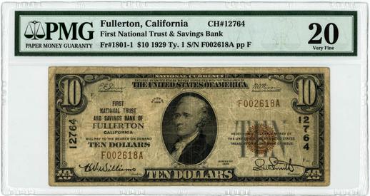 Fullerton, California $10 1929 FR.1801-1
