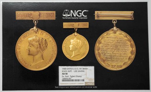 1900-Dated J-LS-3, AV 36mm State Dept. - Gold Life Saving